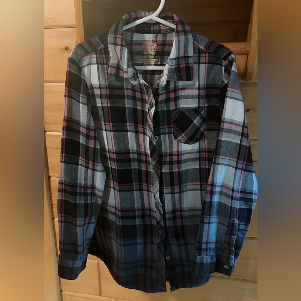 Faded Glory Girls Black & Pink Plaid Flannel Button-Up – Size M (7/8) 💕🖤